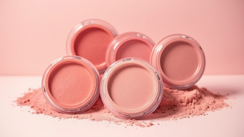 A selection of vegan blushes in a variety of shades, set against a soft background with blush palettes and powders arranged aesthetically.